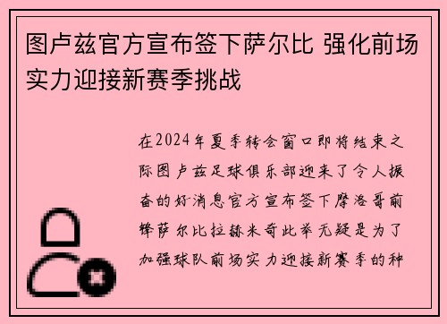 图卢兹官方宣布签下萨尔比 强化前场实力迎接新赛季挑战