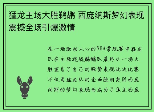 猛龙主场大胜鹈鹕 西庞纳斯梦幻表现震撼全场引爆激情