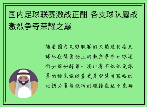 国内足球联赛激战正酣 各支球队鏖战激烈争夺荣耀之巅