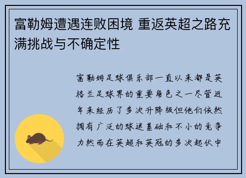 富勒姆遭遇连败困境 重返英超之路充满挑战与不确定性