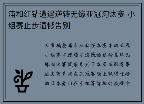 浦和红钻遭遇逆转无缘亚冠淘汰赛 小组赛止步遗憾告别