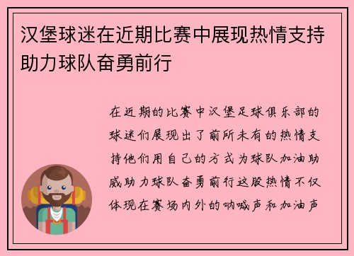 汉堡球迷在近期比赛中展现热情支持助力球队奋勇前行